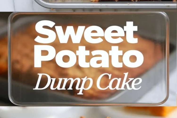 Baked sweet potato dump cake in a metal baking pan with golden brown crumb topping and missing corner slice. Bold text reads “Sweet Potato Dump Cake” over blurred background. Below, a close-up of a thick slice on a white plate reveals layers of soft sweet potato filling and crunchy streusel.