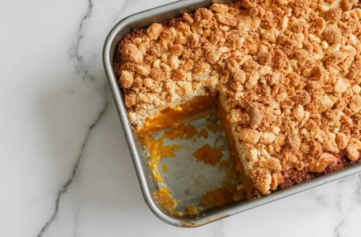 Overhead view of a fully baked sweet potato dump cake in a rectangular pan with a golden, crumbled topping and a missing corner slice revealing bright orange filling.
