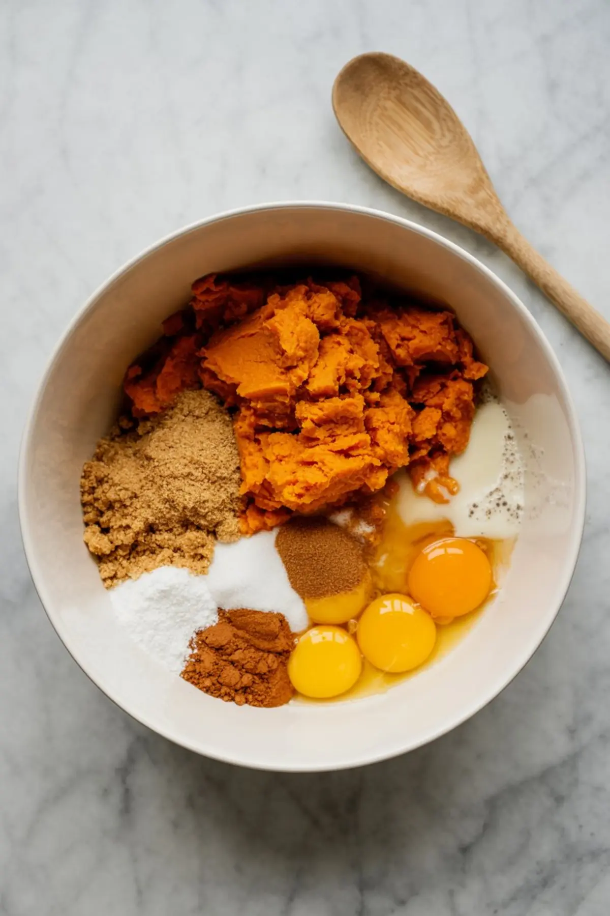 Unmixed sweet potato dump cake ingredients in a white bowl including mashed sweet potatoes, eggs, brown sugar, granulated sugar, cinnamon, nutmeg, baking powder, and vanilla, set on a marble surface with a wooden spoon.
