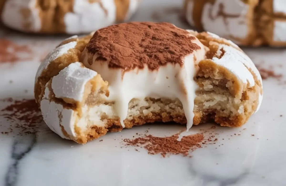 Close-up of a bitten tiramisu crinkle cookie showing soft vanilla cookie layers, creamy mascarpone filling, and cocoa dust on a marble surface.