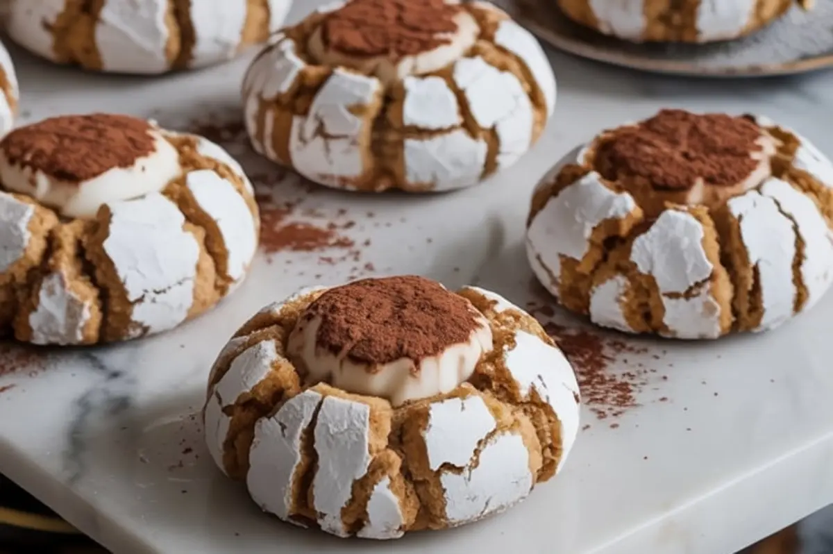 Tiramisu crinkle cookies arranged on a marble board, featuring cracked white sugar coating, creamy mascarpone centers, and cocoa powder dusting for a dramatic dessert look.
