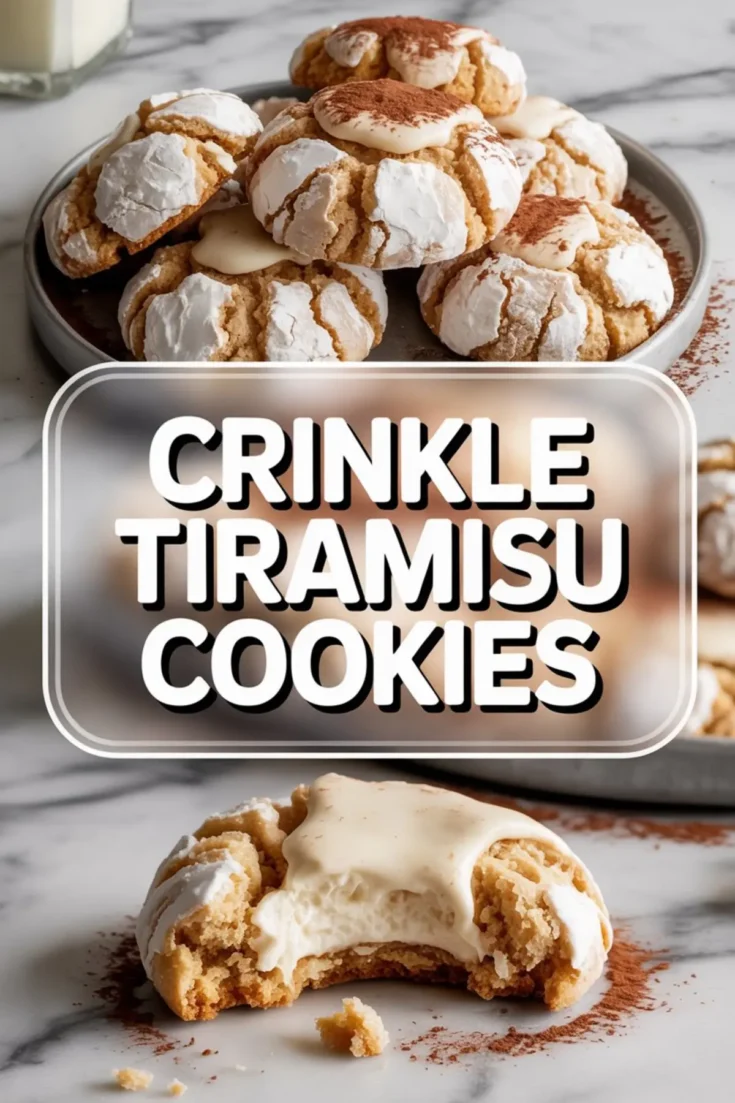 Two-view collage showing tiramisu crinkle cookies; the top half features a plate of cookies with cracked sugar-coated surfaces, creamy mascarpone centers, and dusted cocoa powder, while the bottom half highlights a bitten cookie revealing its creamy tiramisu filling on a marble surface.