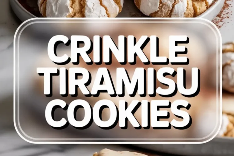 Two-view collage showing tiramisu crinkle cookies; the top half features a plate of cookies with cracked sugar-coated surfaces, creamy mascarpone centers, and dusted cocoa powder, while the bottom half highlights a bitten cookie revealing its creamy tiramisu filling on a marble surface.