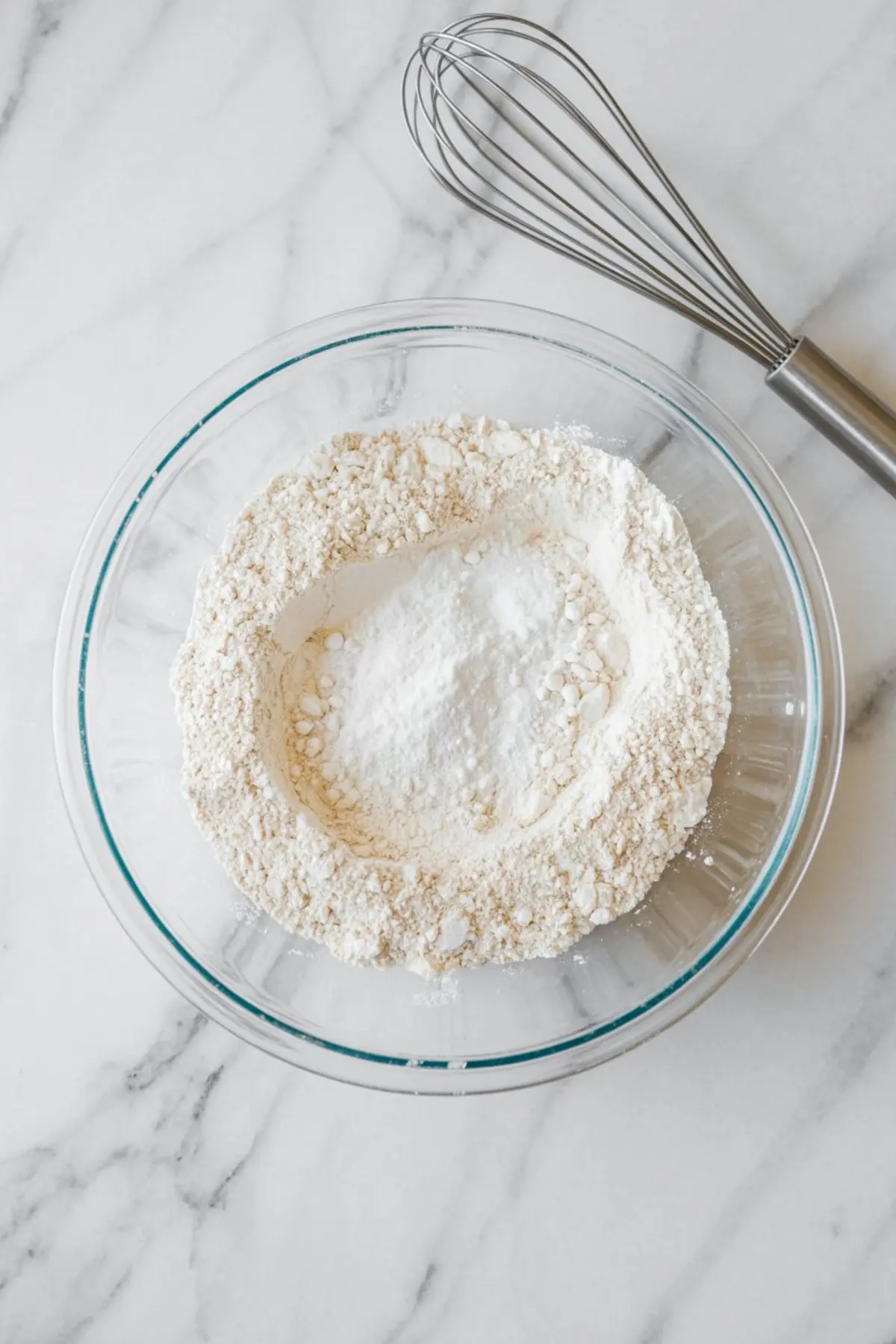 Overhead view of a glass bowl with sifted all-purpose flour, baking powder, and dry ingredients for cookie dough, placed on a marble countertop next to a metal whisk.