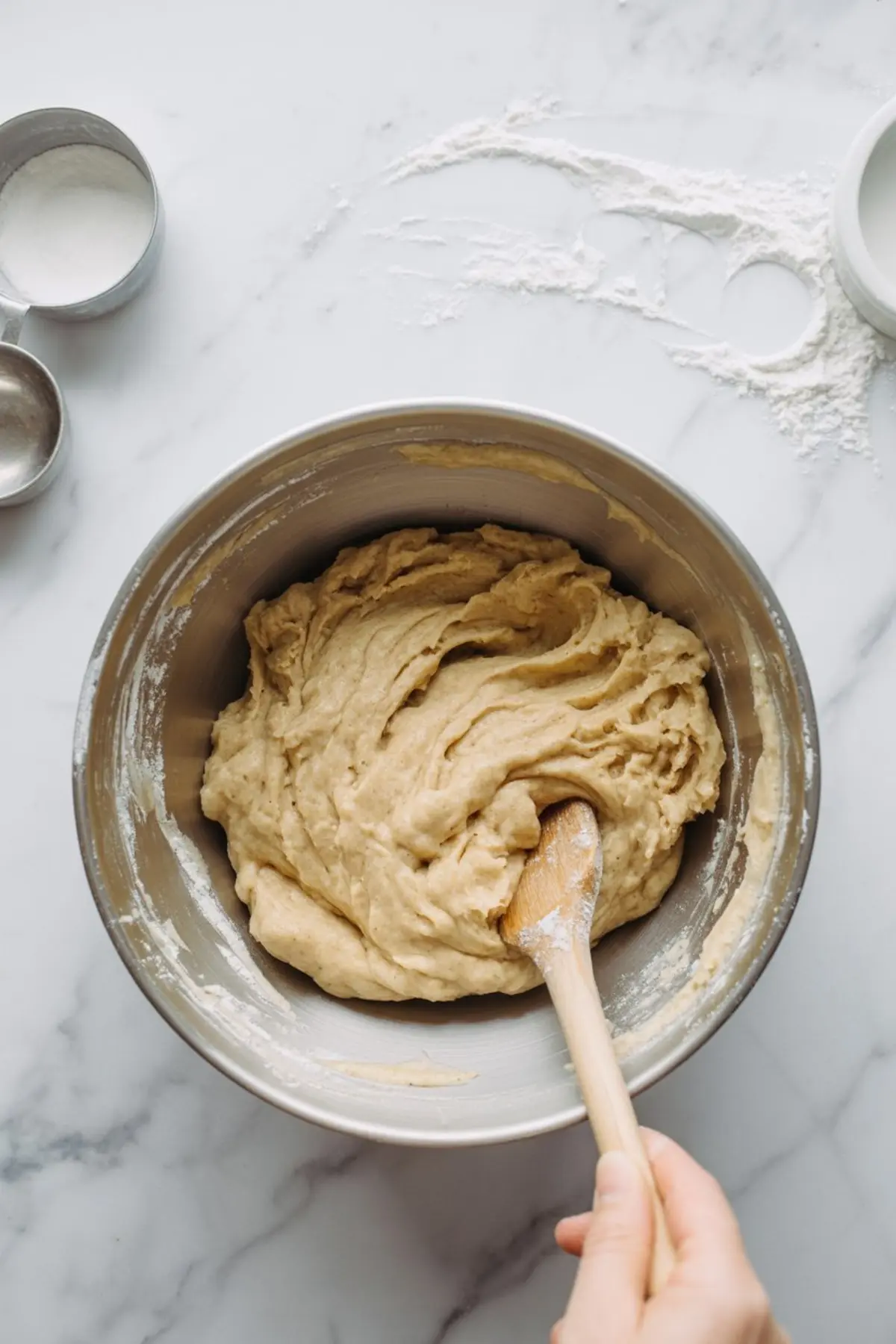 Metal bowl filled with thick cookie dough being stirred with a wooden spoon, surrounded by scattered flour and measuring cups on a marble kitchen counter.