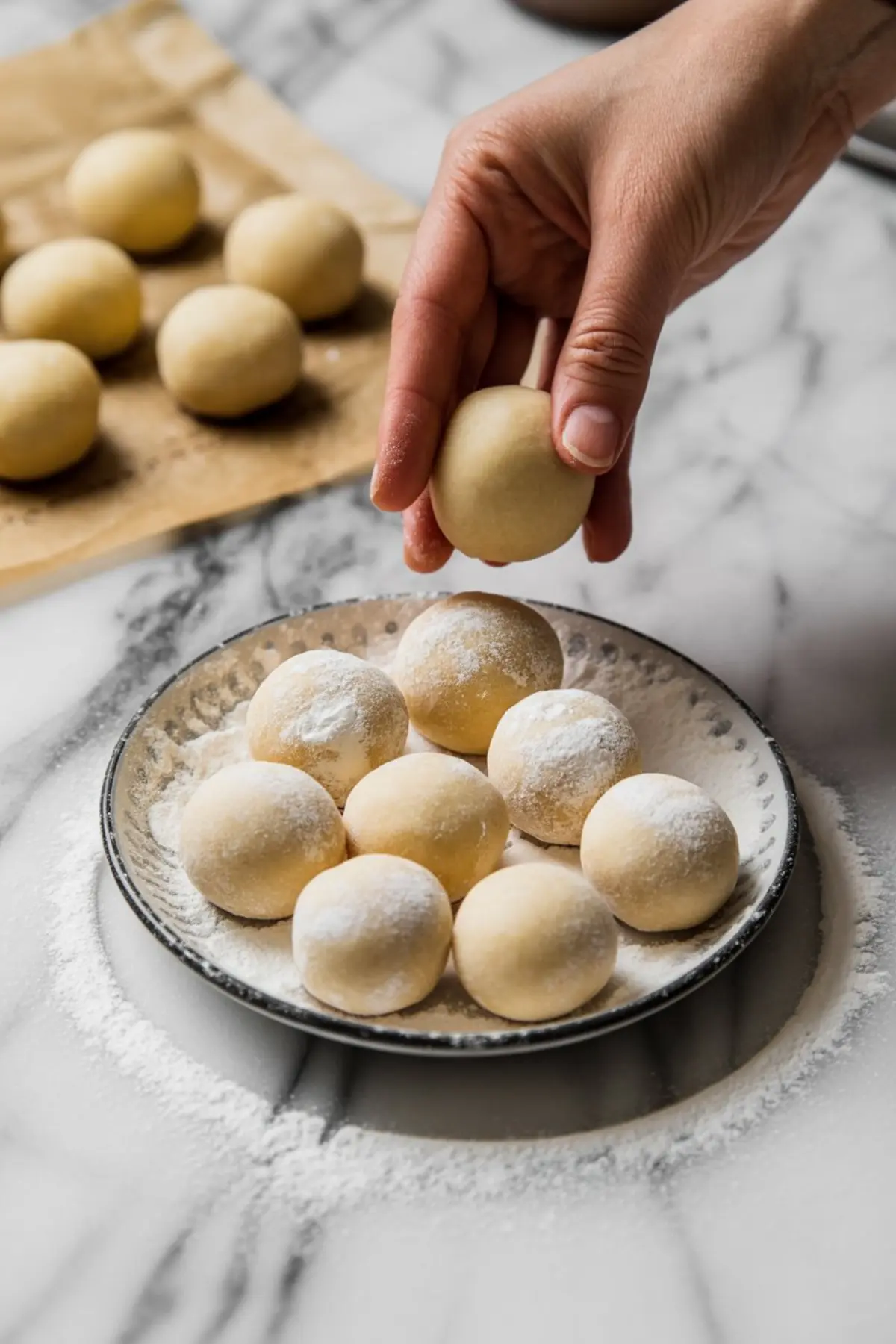 Hand rolling cookie dough balls in powdered sugar, with a plate of dough balls coated in sugar and parchment-lined tray in the background, all set on a floured marble surface.