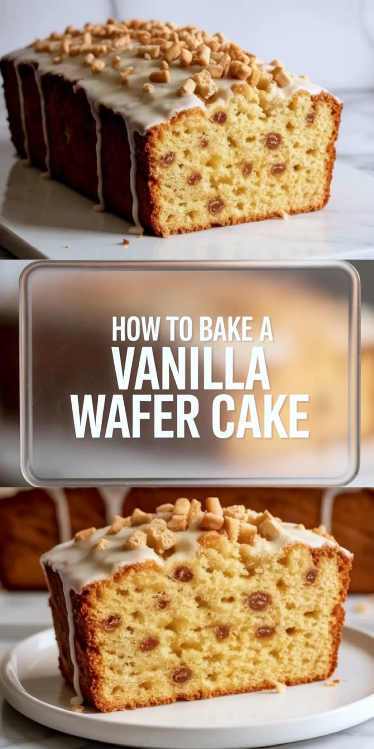 Vanilla wafer cake shown in two close-up views, sliced to reveal a moist yellow crumb with chocolate chips throughout, topped with white icing and crushed vanilla wafers. Bold text overlay in the center reads “How to Bake a Vanilla Wafer Cake.” The loaf cake is styled on a white plate and marble surface, creating a clean baking inspiration aesthetic.
