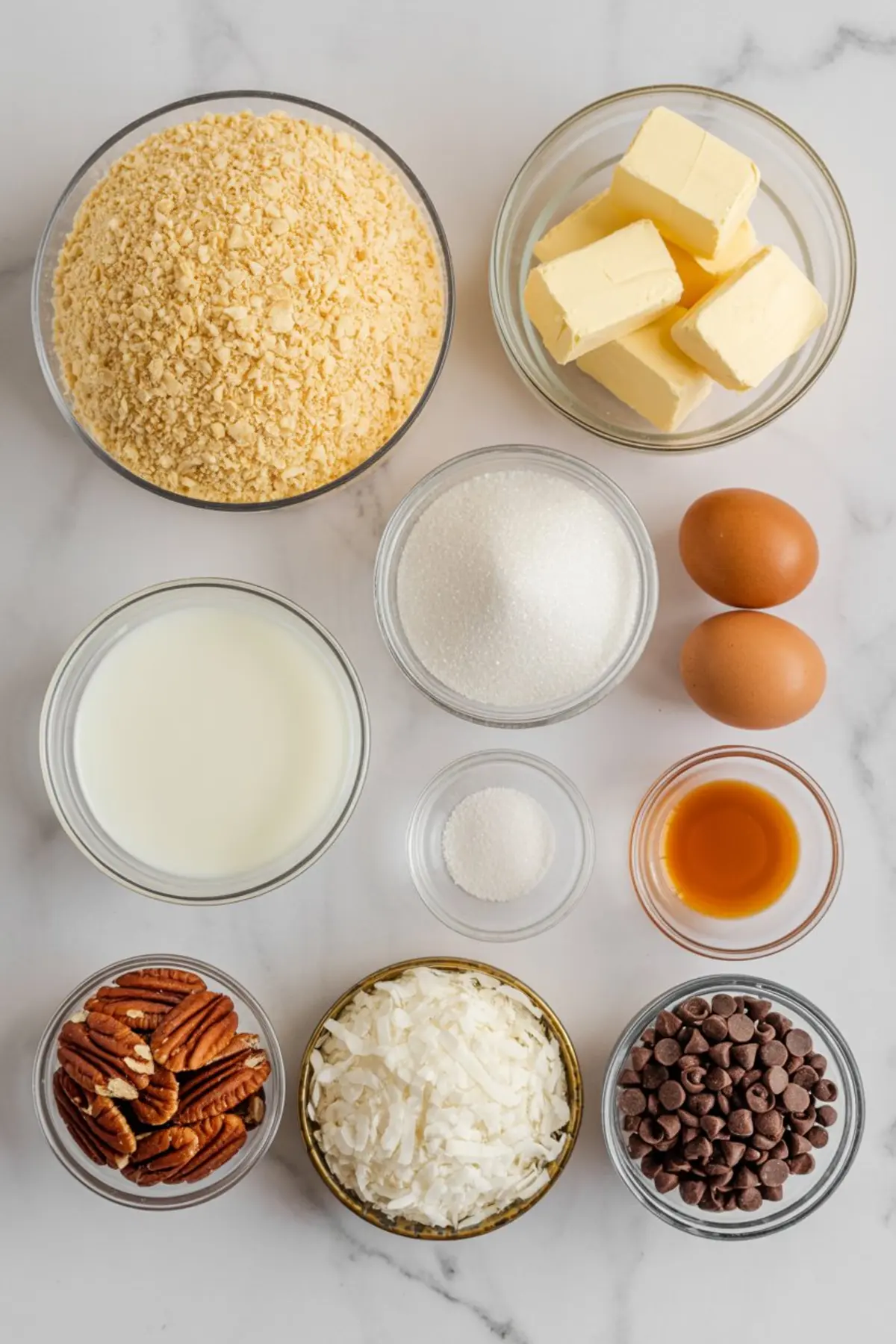 Flat lay of measured vanilla wafer cake ingredients including crushed vanilla wafers, butter sticks, eggs, granulated sugar, milk, vanilla extract, baking powder, sweetened shredded coconut, chocolate chips, and pecans. All ingredients are arranged in clear glass bowls on a white marble background for recipe prep clarity.
