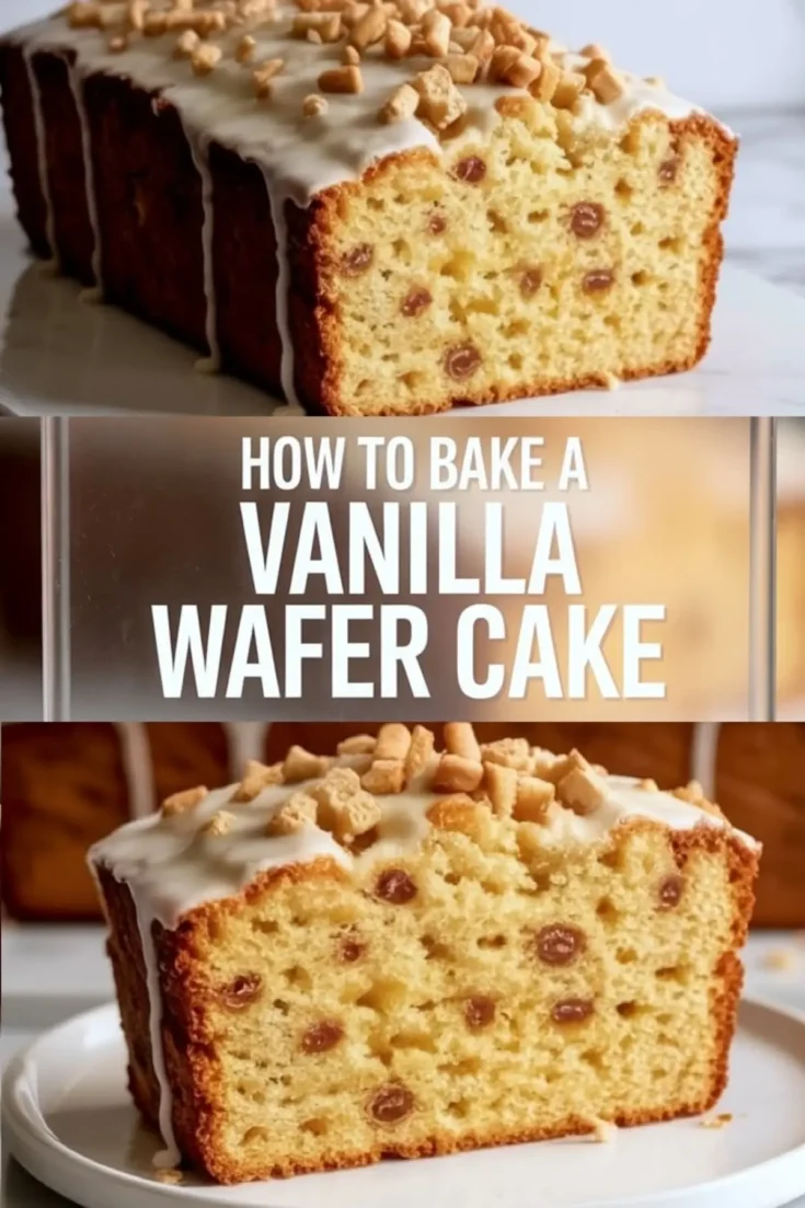 Vanilla wafer cake collage featuring a sliced loaf with golden crumb and chocolate chips, topped with creamy glaze and crushed wafers. The middle of the collage features a bold text box that says “How to Bake a Vanilla Wafer Cake.” Styled on a white plate and neutral background for visual appeal.
