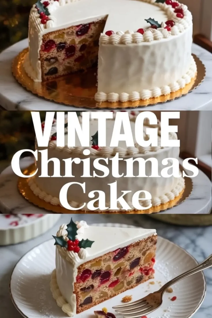 Three-panel collage of a vintage Christmas cake with white icing and piped borders, decorated with festive red berries and holly. The top shows the sliced whole cake on a gold board, the middle features bold “Vintage Christmas Cake” typography, and the bottom shows a plated slice revealing vibrant dried fruits and nuts inside.