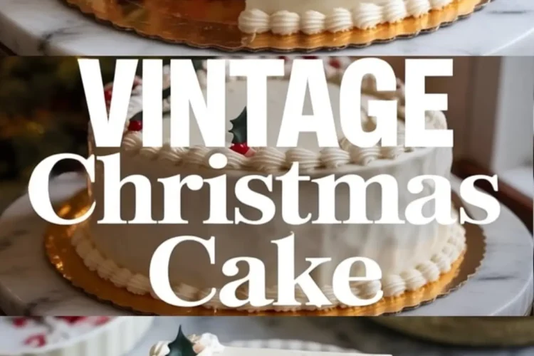 Three-panel collage of a vintage Christmas cake with white icing and piped borders, decorated with festive red berries and holly. The top shows the sliced whole cake on a gold board, the middle features bold “Vintage Christmas Cake” typography, and the bottom shows a plated slice revealing vibrant dried fruits and nuts inside.