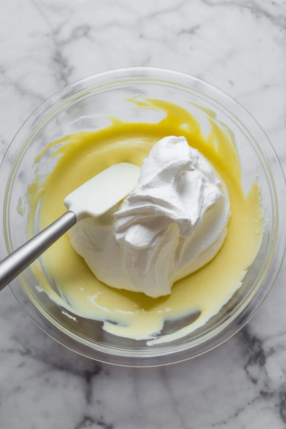 A clear glass mixing bowl with creamy yellow white chocolate mixture being folded with whipped cream using a white spatula on a marble surface.
