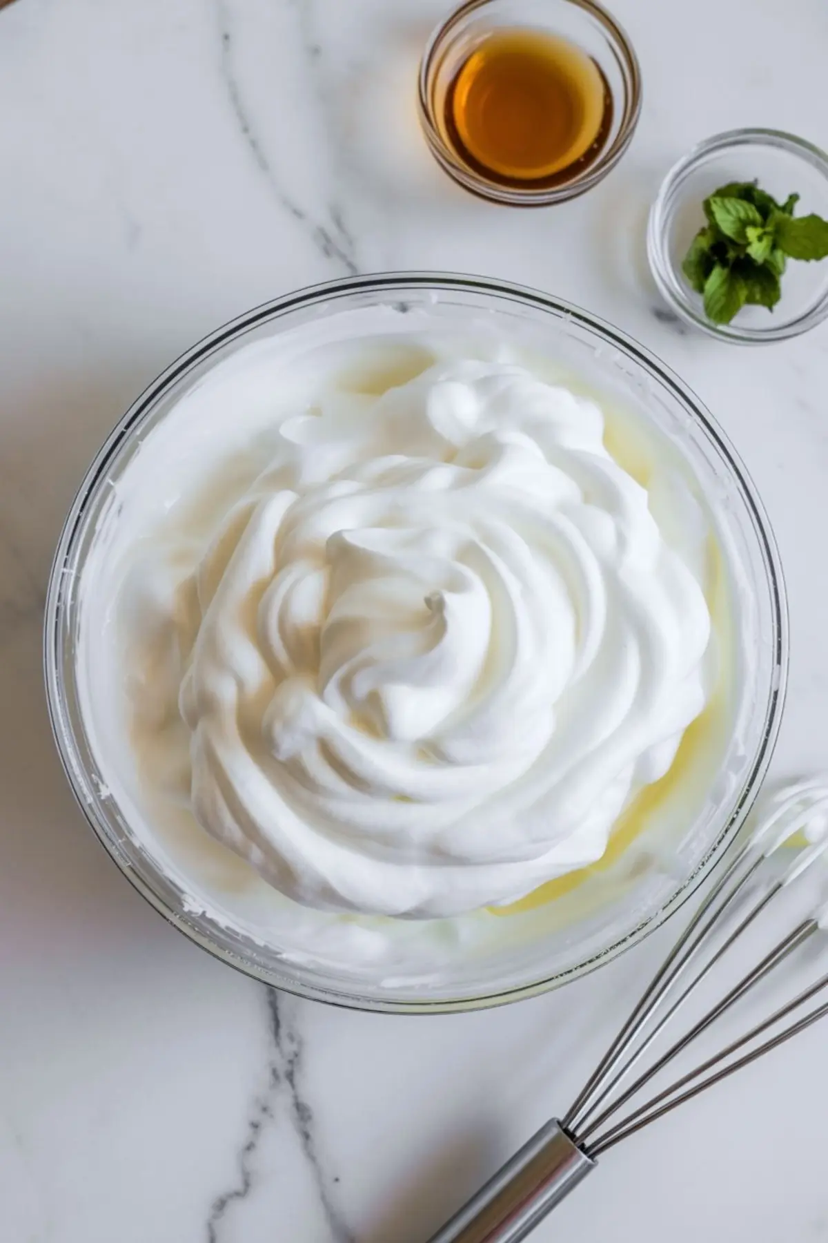 Freshly whipped cream in a glass bowl with a metal whisk beside it, and small glass bowls of vanilla extract and mint leaves in the background.