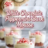 Flat lay of dessert jars filled with white chocolate peppermint mousse topped with crushed peppermint candy, and lower close-up showing mousse with cookie crumb base in glass jars, set on a marble surface with festive red and white mints around.