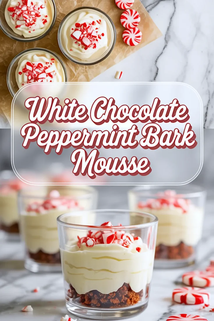Flat lay of dessert jars filled with white chocolate peppermint mousse topped with crushed peppermint candy, and lower close-up showing mousse with cookie crumb base in glass jars, set on a marble surface with festive red and white mints around.