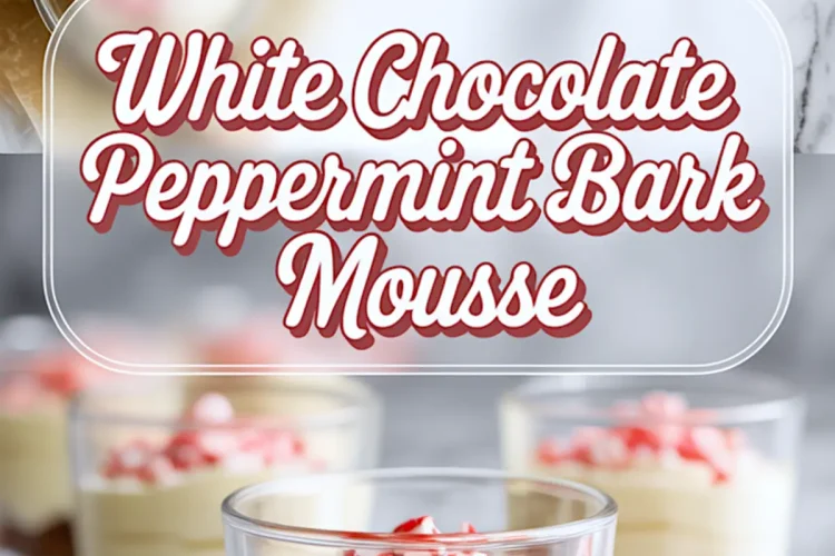 Flat lay of dessert jars filled with white chocolate peppermint mousse topped with crushed peppermint candy, and lower close-up showing mousse with cookie crumb base in glass jars, set on a marble surface with festive red and white mints around.