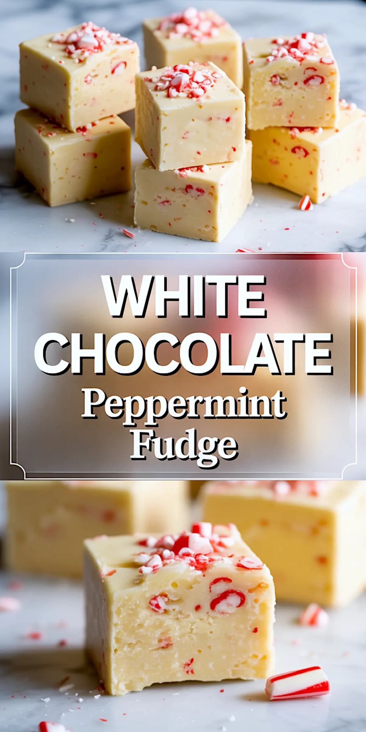 Two-panel collage showing square pieces of white chocolate peppermint fudge topped with crushed candy canes. The top panel has a clean stack of fudge cubes, while the bottom panel features a close-up of one piece highlighting red peppermint swirls.
