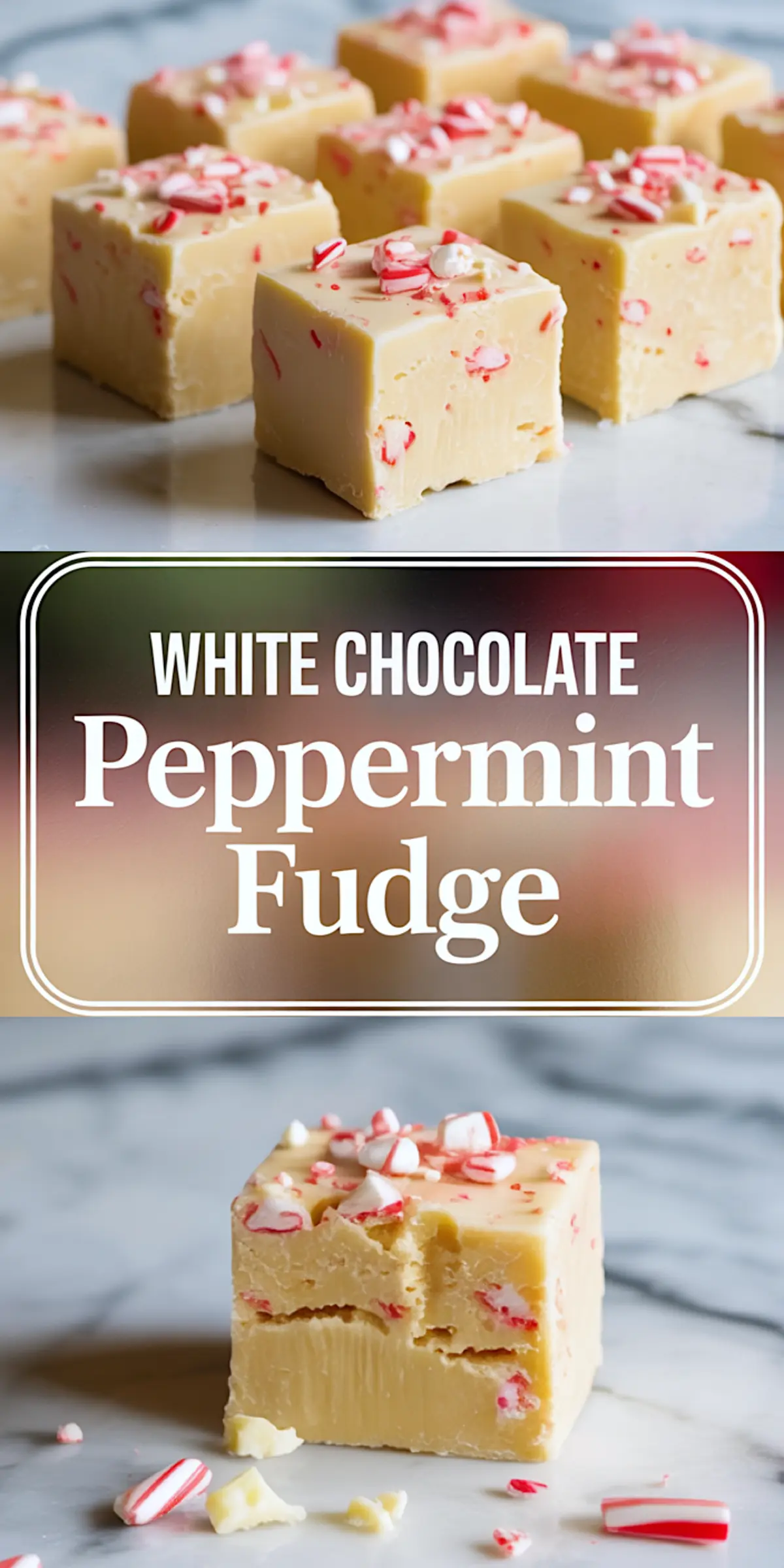 Two-panel collage of white chocolate peppermint fudge cubes. The top panel shows multiple fudge squares neatly arranged, and the bottom panel captures a close-up of one candy-filled piece with visible crushed peppermint.
