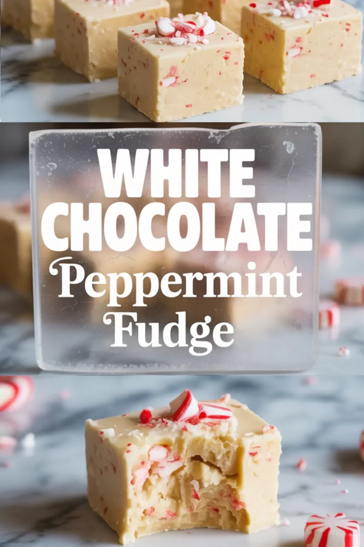 Two-panel collage displaying peppermint white chocolate fudge. The top panel includes rows of fudge squares sprinkled with crushed peppermint, while the bottom panel shows a bitten piece revealing a soft interior.