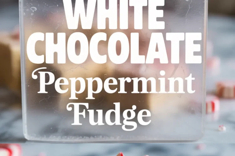 Two-panel collage displaying peppermint white chocolate fudge. The top panel includes rows of fudge squares sprinkled with crushed peppermint, while the bottom panel shows a bitten piece revealing a soft interior.