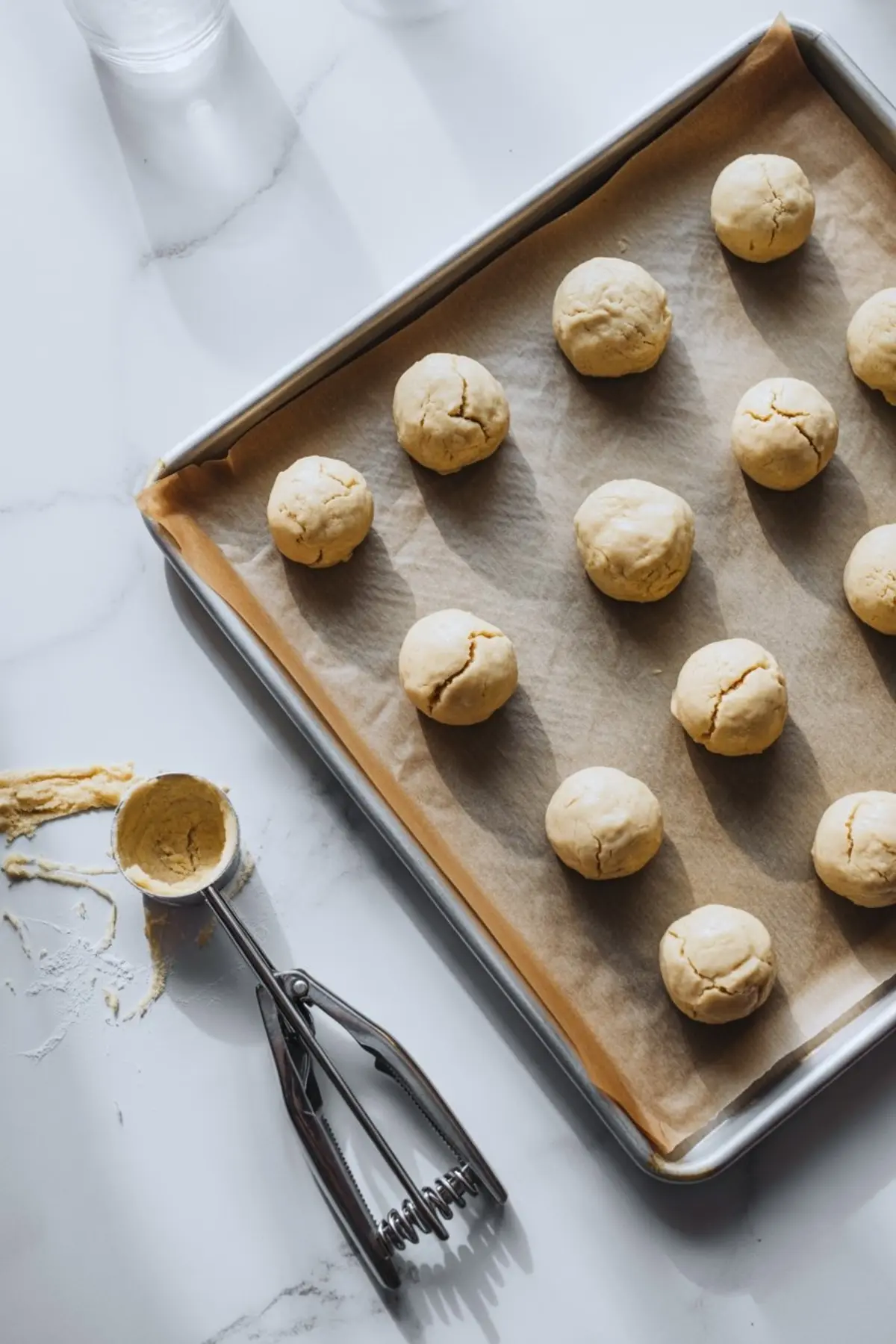 Unbaked almond flour cookie dough balls arranged on a parchment-lined baking sheet, with a metal cookie scoop resting on a white marble surface dusted with dough.