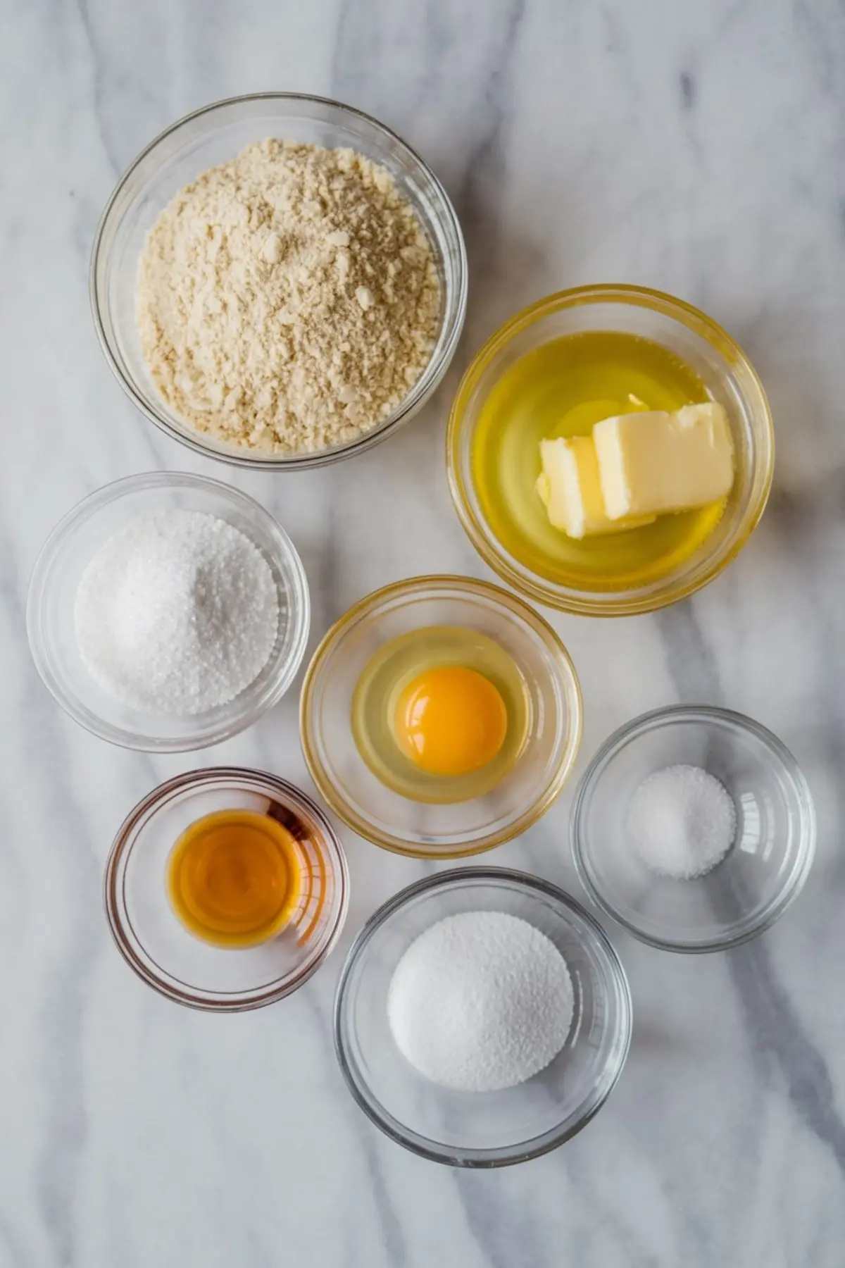 Flat lay of almond flour cookie ingredients in clear glass bowls on a marble surface, including almond flour, butter, egg, sweetener, vanilla extract, salt, and baking powder.