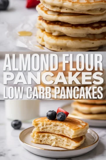 Vertical collage featuring almond flour pancakes with berries on top and a sliced pancake stack below with text reading almond flour pancakes low carb pancakes.