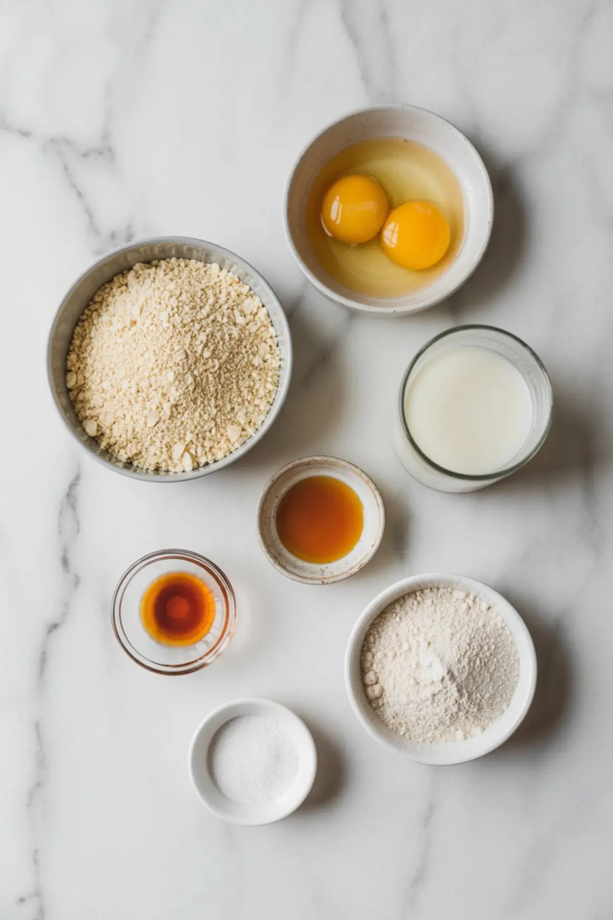 Flat lay of almond flour pancake ingredients on white marble with almond flour, eggs, milk, vanilla extract, sugar, and baking powder in small bowls.
