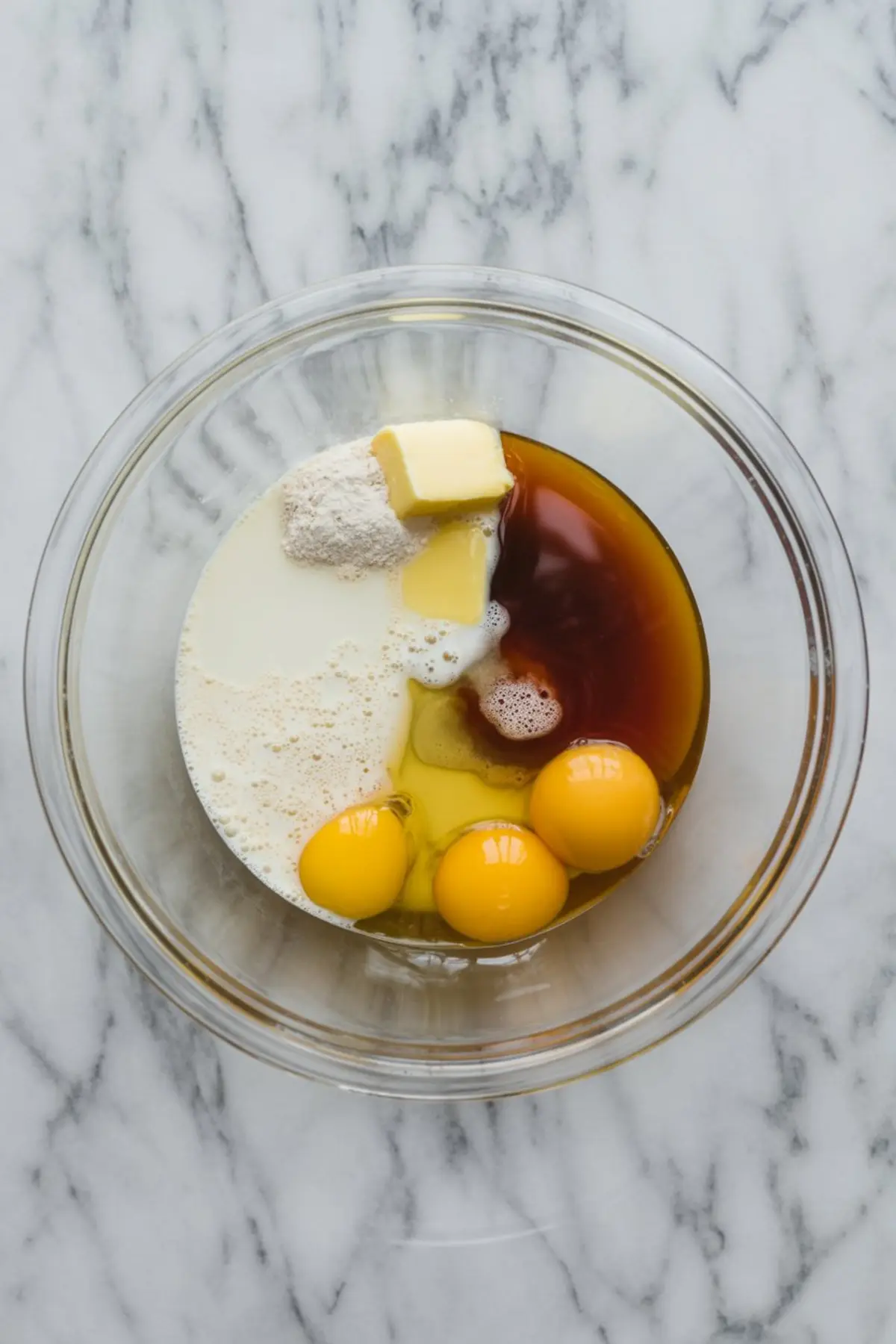 Glass mixing bowl with cracked eggs, milk, melted butter, vanilla extract, and almond flour before mixing on a marble countertop.
