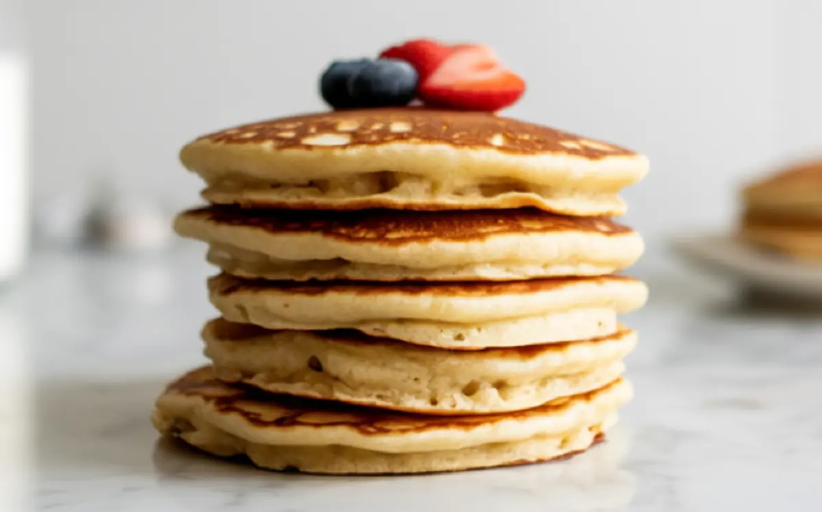 Close-up of a tall stack of almond flour pancakes topped with strawberries and blueberries on a white marble surface.
