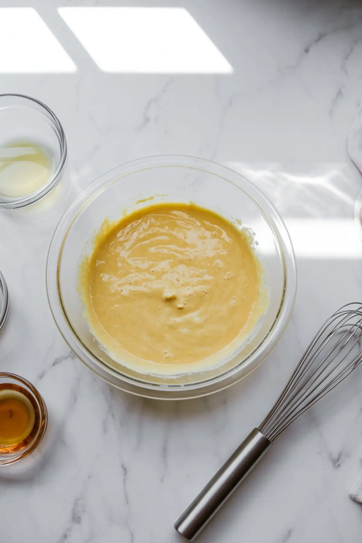 Glass bowl filled with smooth almond flour pancake batter on a marble surface with a metal whisk beside the bowl.

