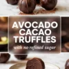 Avocado cacao truffles displayed on marble with cocoa-dusted chocolate balls and a sliced truffle revealing a smooth chocolate avocado filling, presented as a no refined sugar vegan dessert.