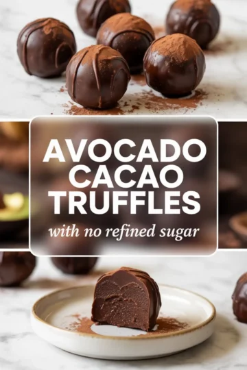Avocado cacao truffles displayed on marble with cocoa-dusted chocolate balls and a sliced truffle revealing a smooth chocolate avocado filling, presented as a no refined sugar vegan dessert.