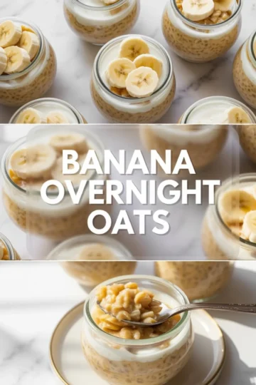 Glass jars with banana overnight oats layered with yogurt and topped with banana slices, shown from above and at an angle. The bottom half features a close-up of a spoon scooping a bite from one jar. Centered overlay text reads “Banana Overnight Oats.”
