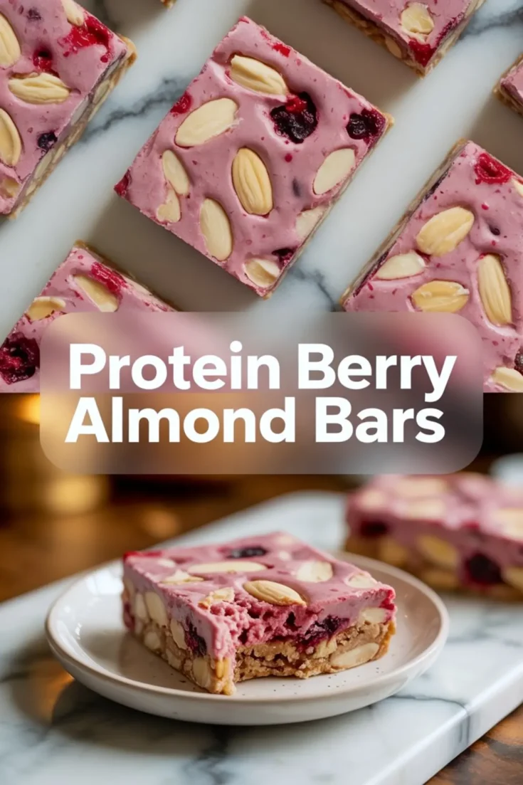 Close-up of sliced protein berry almond bars topped with whole almonds and mixed berries, featuring a creamy pink protein layer over a chewy nut base on a marble background.