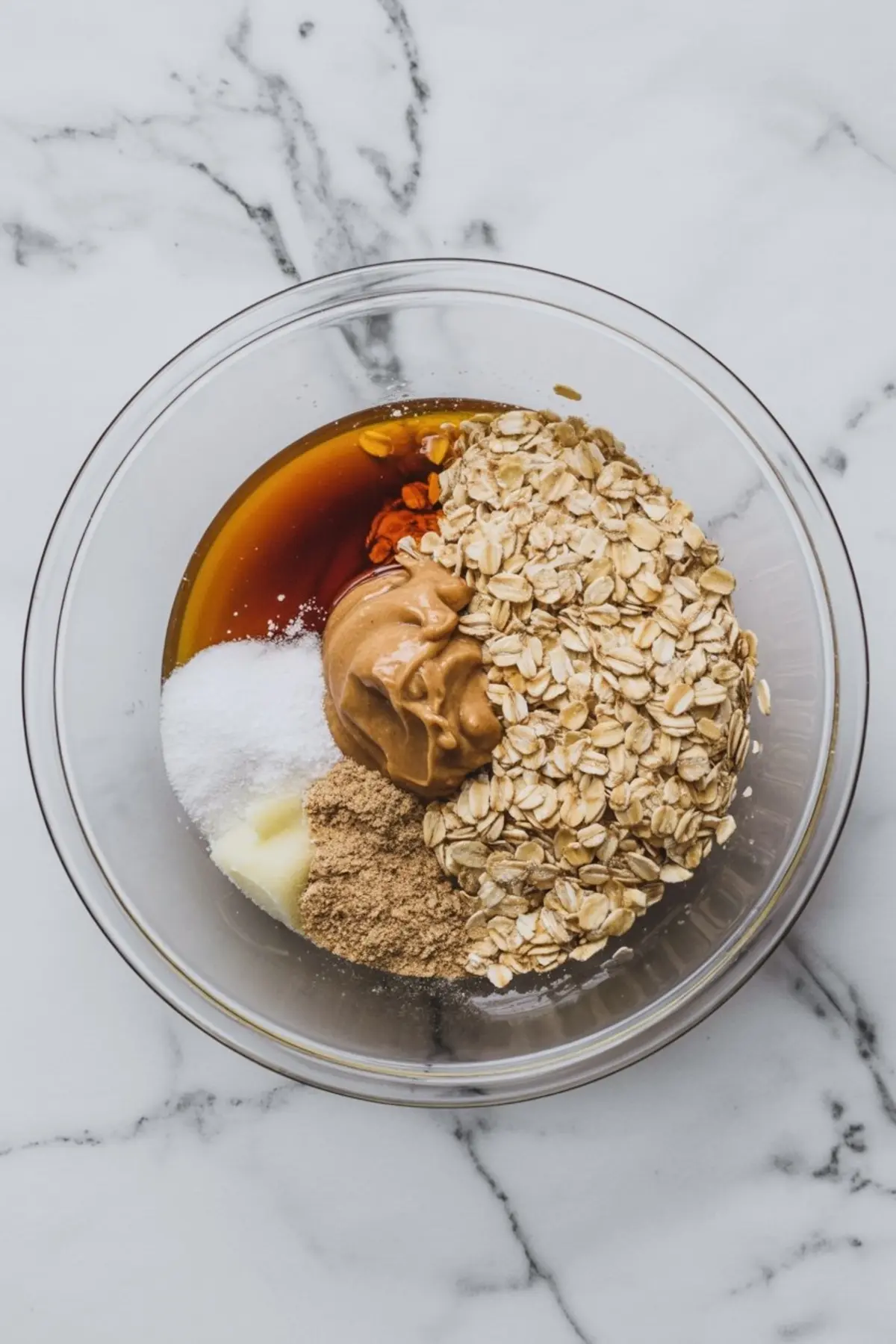 Glass bowl with oats, peanut butter, maple syrup, protein powder, apple puree, and salt on a marble counter, ready to be mixed for a healthy bar base.
