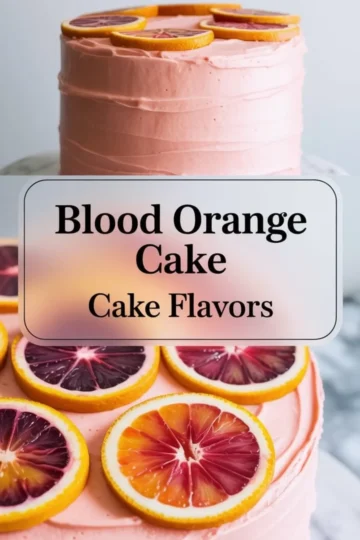 Frosted blood orange cake with smooth pink buttercream and circular slices of blood oranges arranged on top, displayed from side and top angles with a centered label reading “Blood Orange Cake – Cake Flavors.”