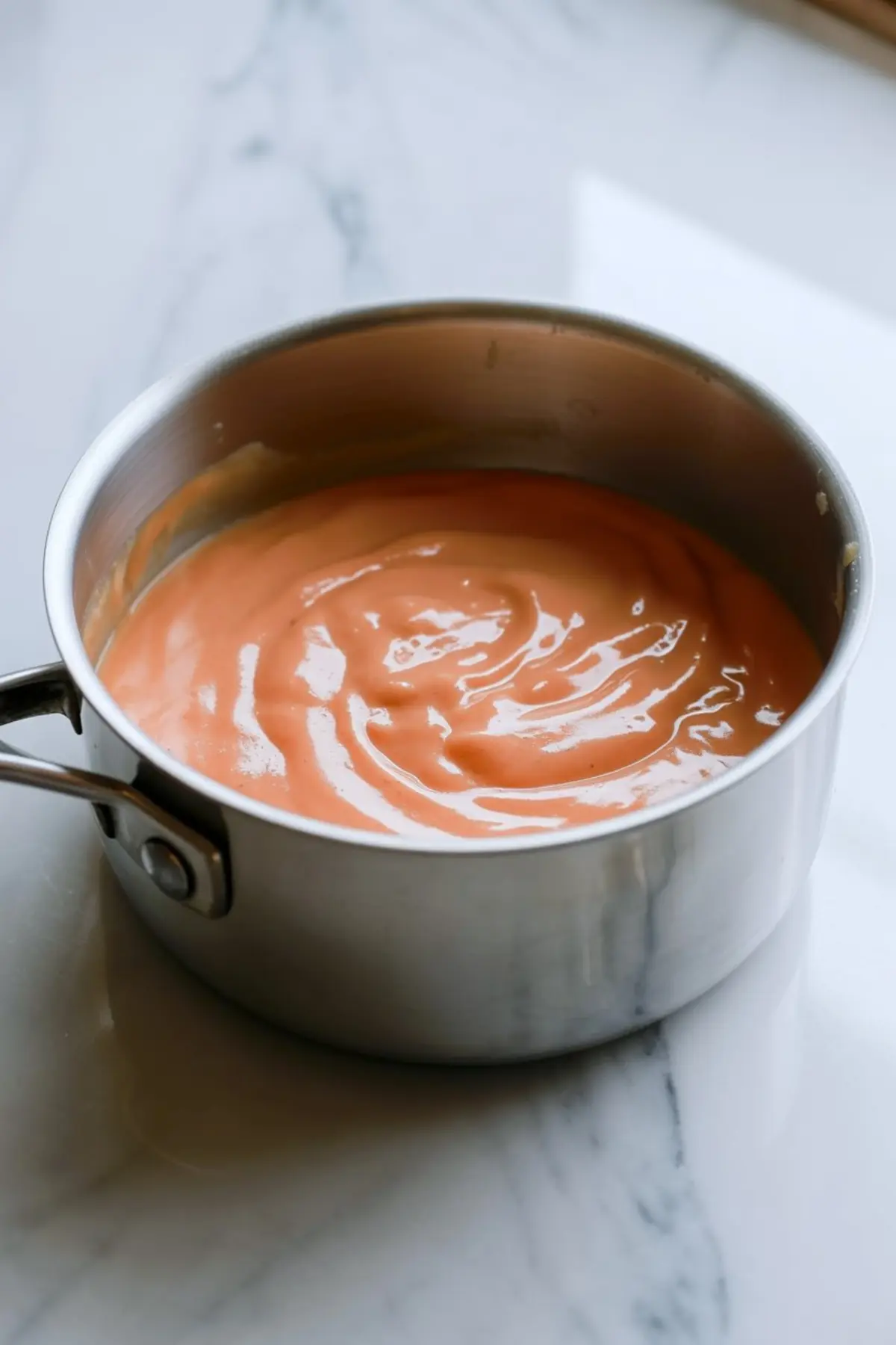 Creamy blood orange curd in a stainless steel saucepan, freshly cooked with a glossy finish, placed on a marble countertop.
