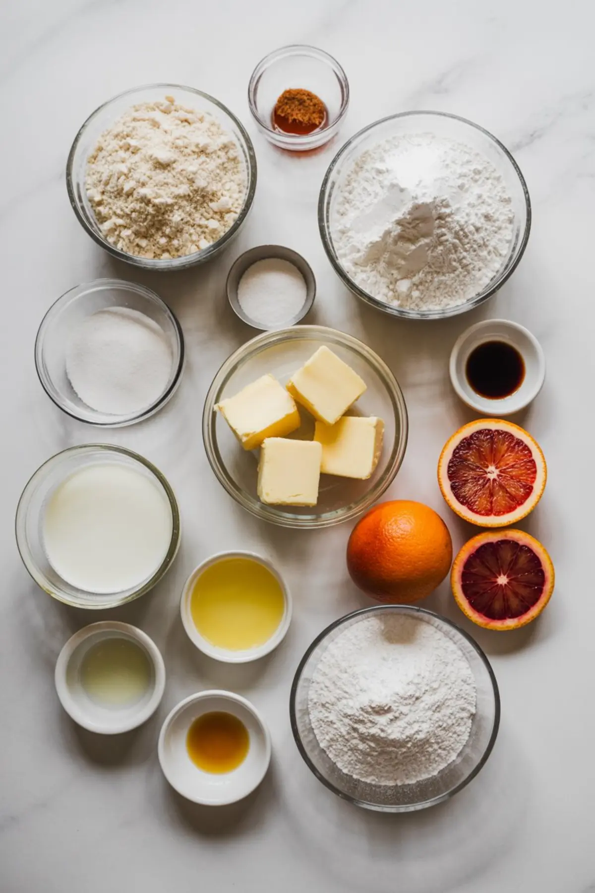 Flat lay of ingredients for blood orange cake, including butter, sugar, flour, milk, vanilla, citrus juice, eggs, and fresh blood oranges, arranged in glass bowls on a white marble background.
