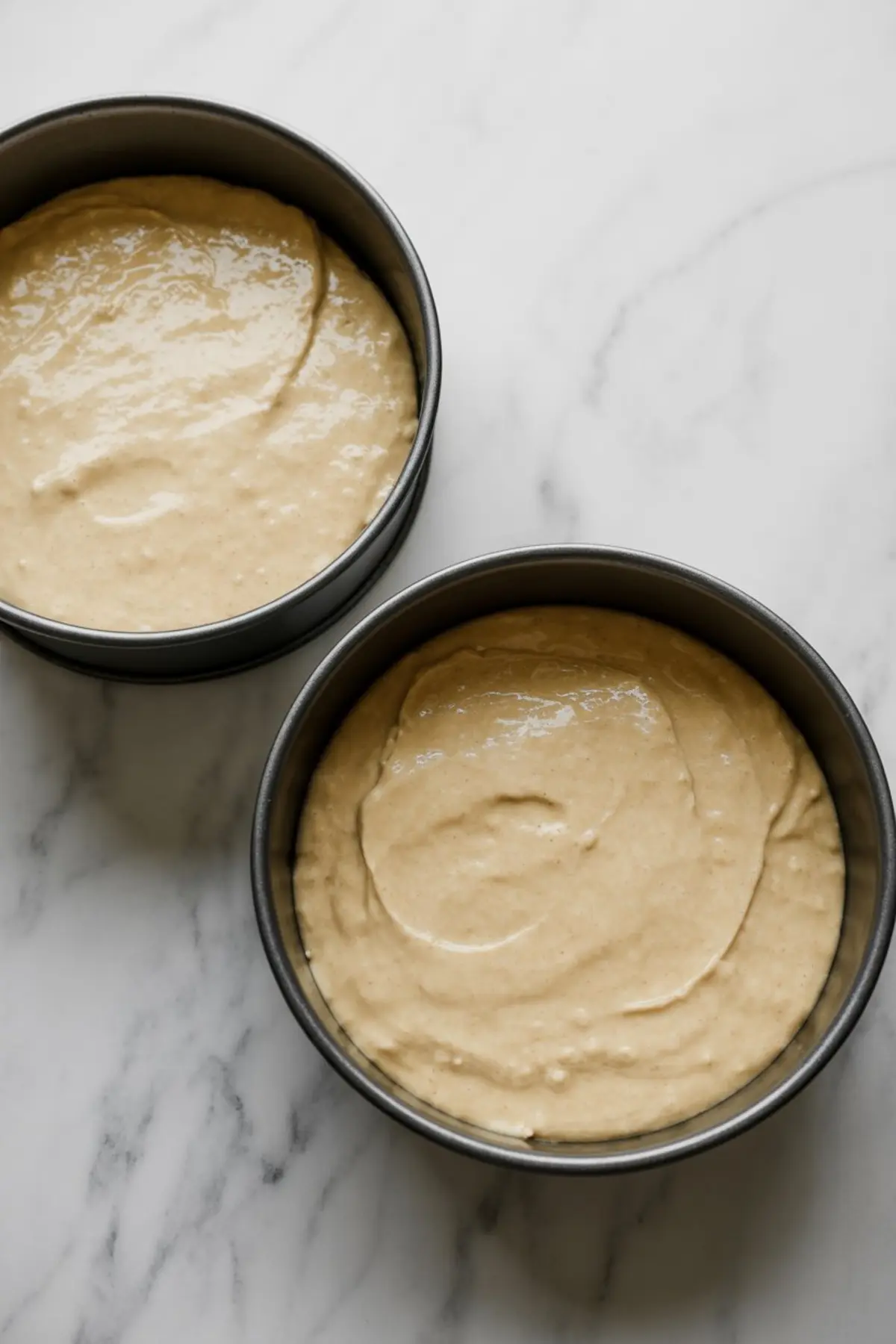 Two round cake pans filled with unbaked blood orange cake batter, ready for the oven, placed on a light marble surface.
