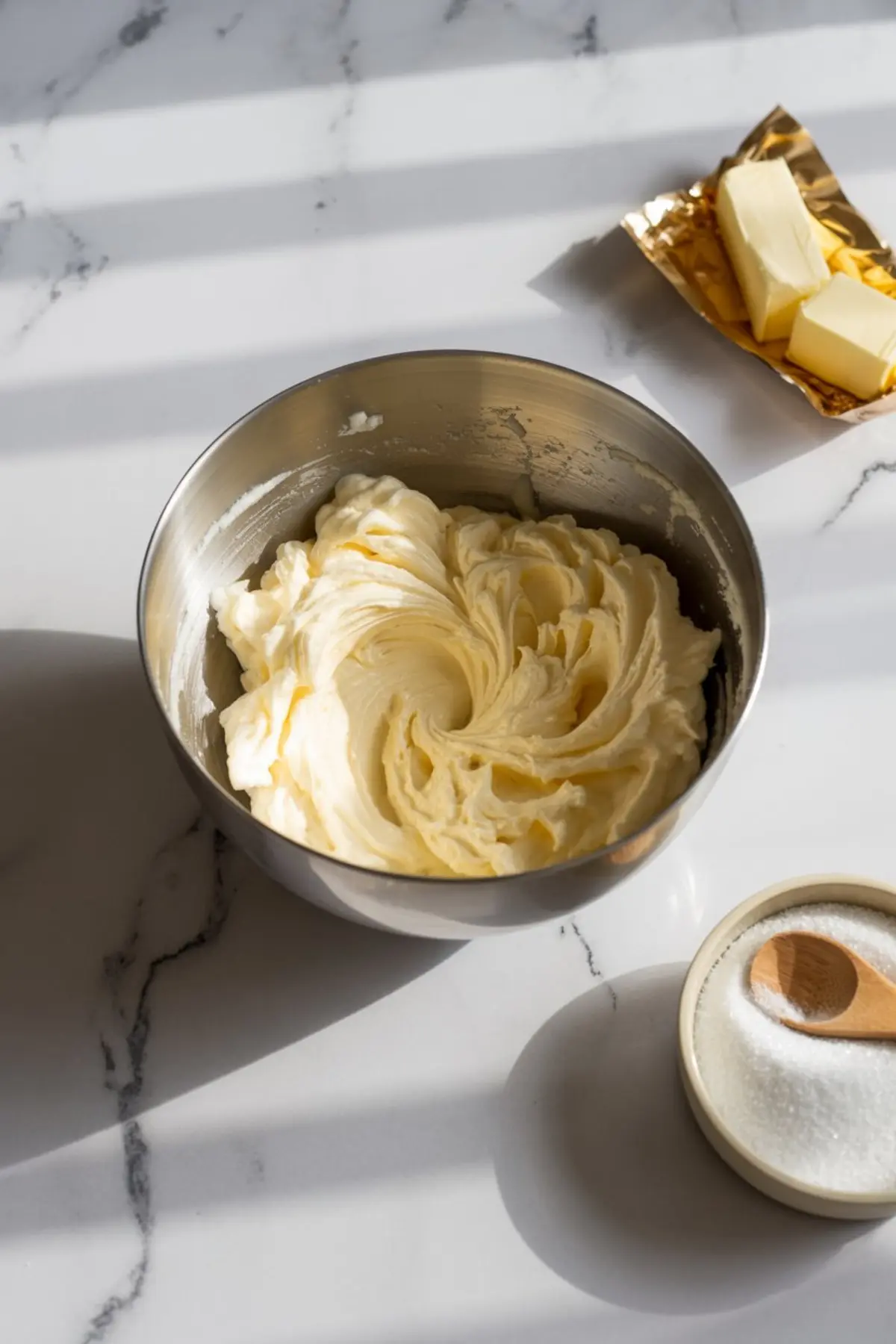 Creamy vanilla buttercream in a metal bowl, whipped to soft peaks, placed near sticks of butter and a small bowl of sugar on a bright, sunlit kitchen counter.
