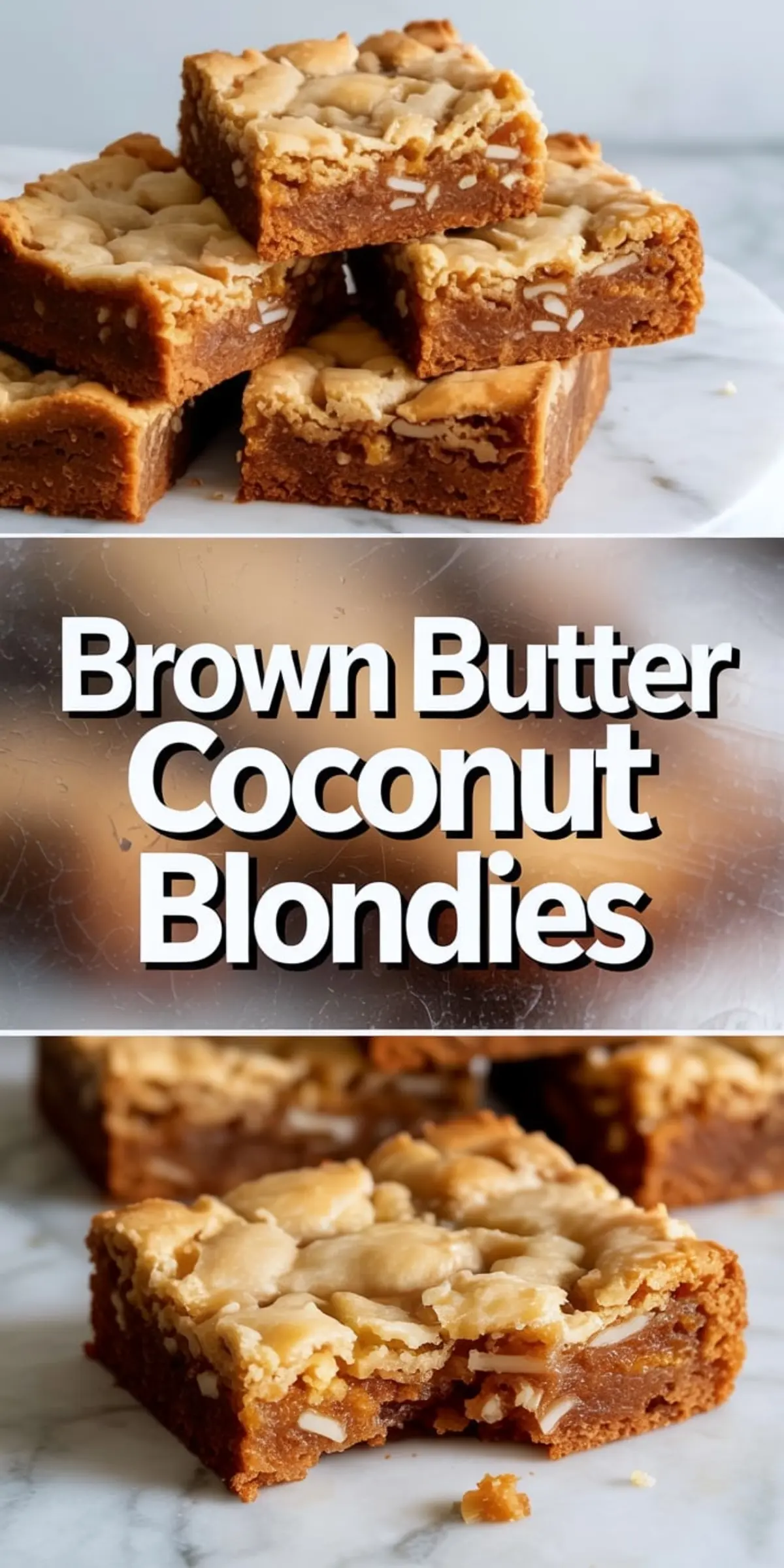 Golden brown butter coconut blondies stacked on a white plate, followed by a close-up of a single blondie with a gooey center and visible coconut shreds, styled on a light marble background.