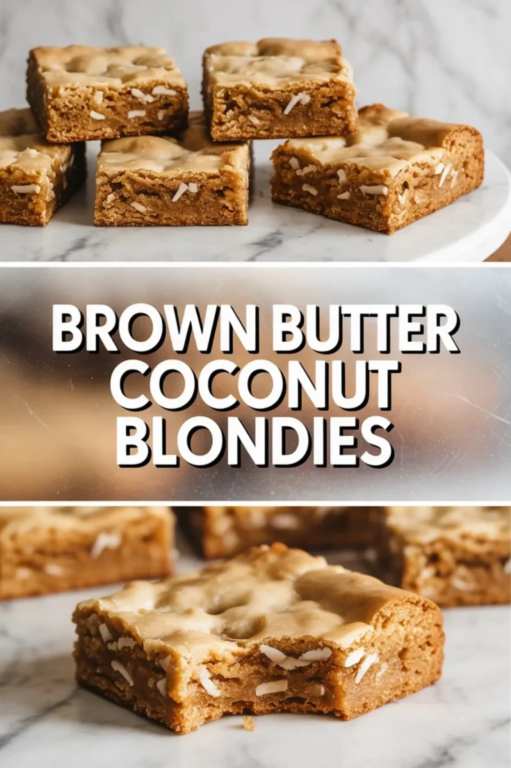 Brown butter coconut blondies arranged on a marble cake stand, followed by a close-up of a bitten blondie square with toasted coconut and visible nut chunks inside, placed on a marble countertop.