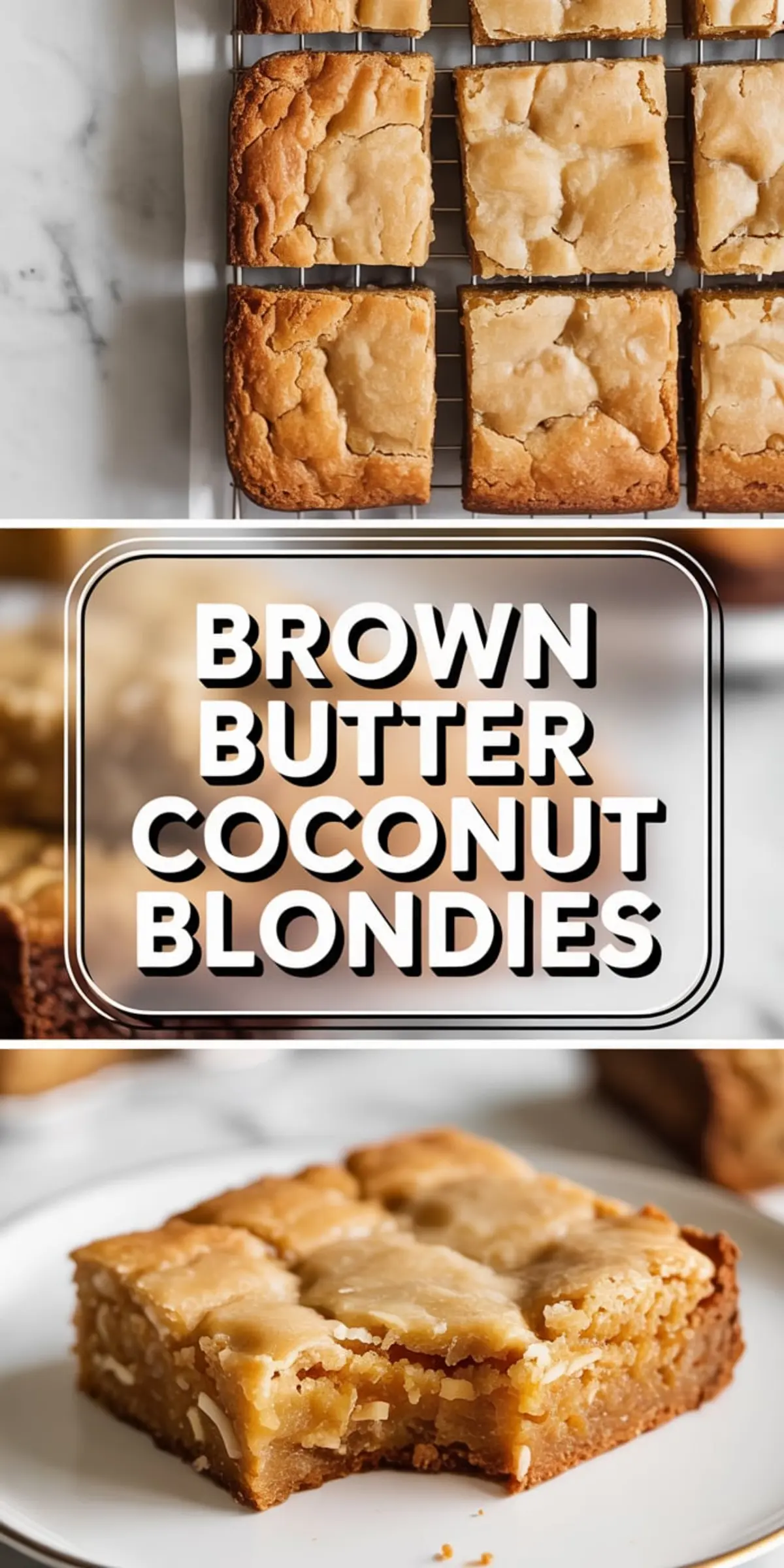 Grid of evenly baked blondies on a cooling rack, showing crackly golden tops, paired with a close-up of a dense coconut blondie square with a caramelized bottom and moist interior, plated on white china.