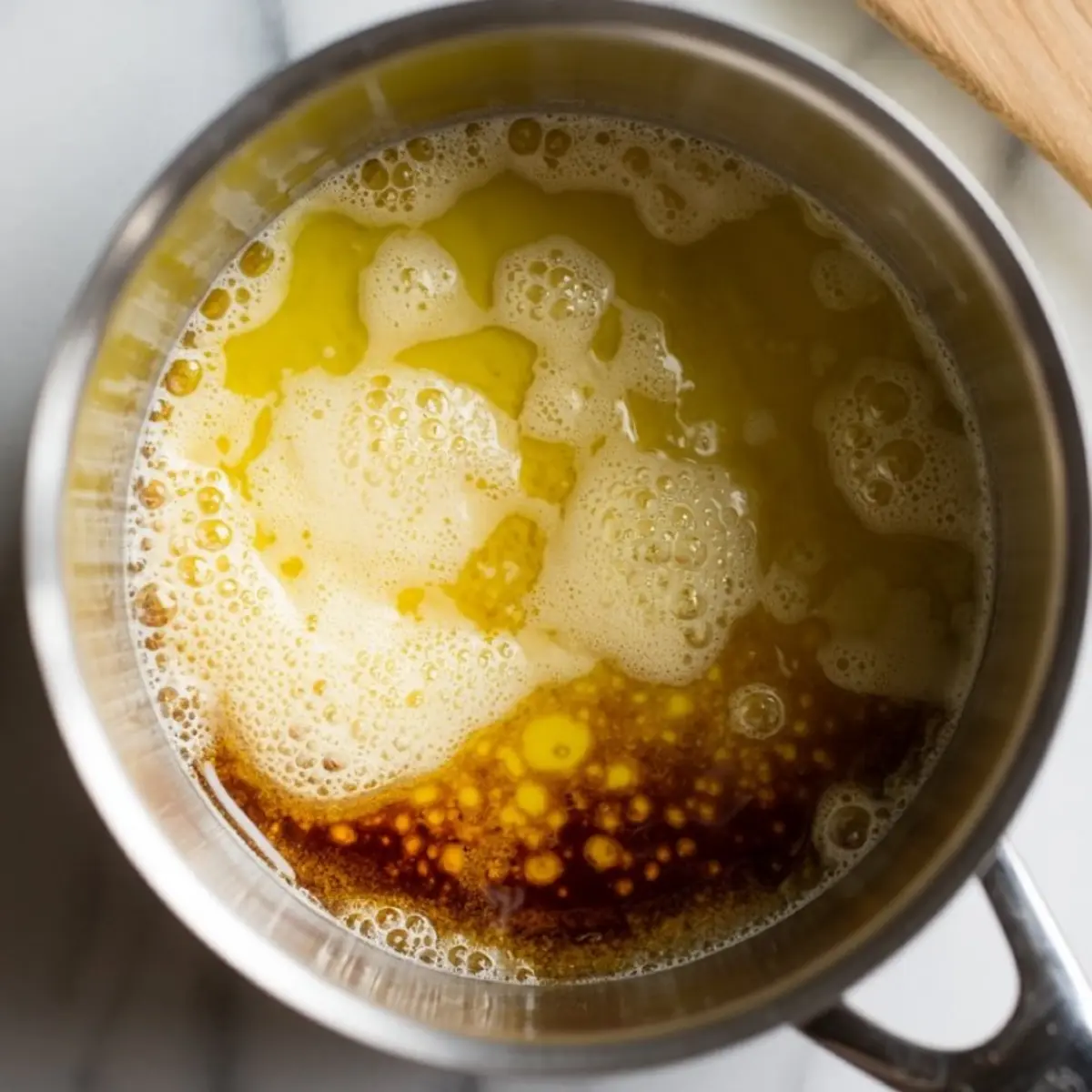 Top view of a saucepan with foaming brown butter in the early caramelization stage, with visible milk solids and golden bubbles forming.