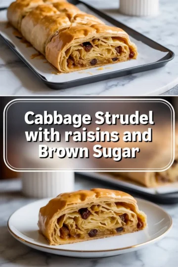 Overhead collage of cabbage strudel with raisins and brown sugar. Top image shows freshly baked strudel on a baking tray, middle features recipe title overlay, and bottom close-up captures a single slice on a white plate with golden edges.