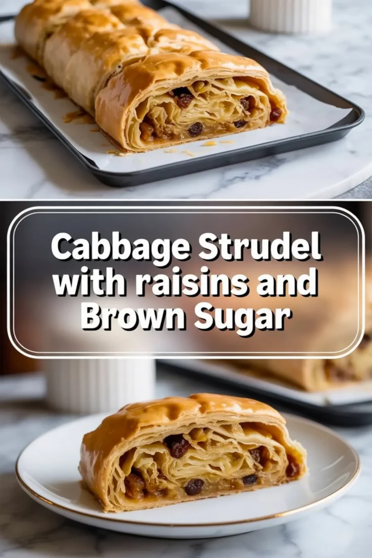 Overhead collage of cabbage strudel with raisins and brown sugar. Top image shows freshly baked strudel on a baking tray, middle features recipe title overlay, and bottom close-up captures a single slice on a white plate with golden edges.