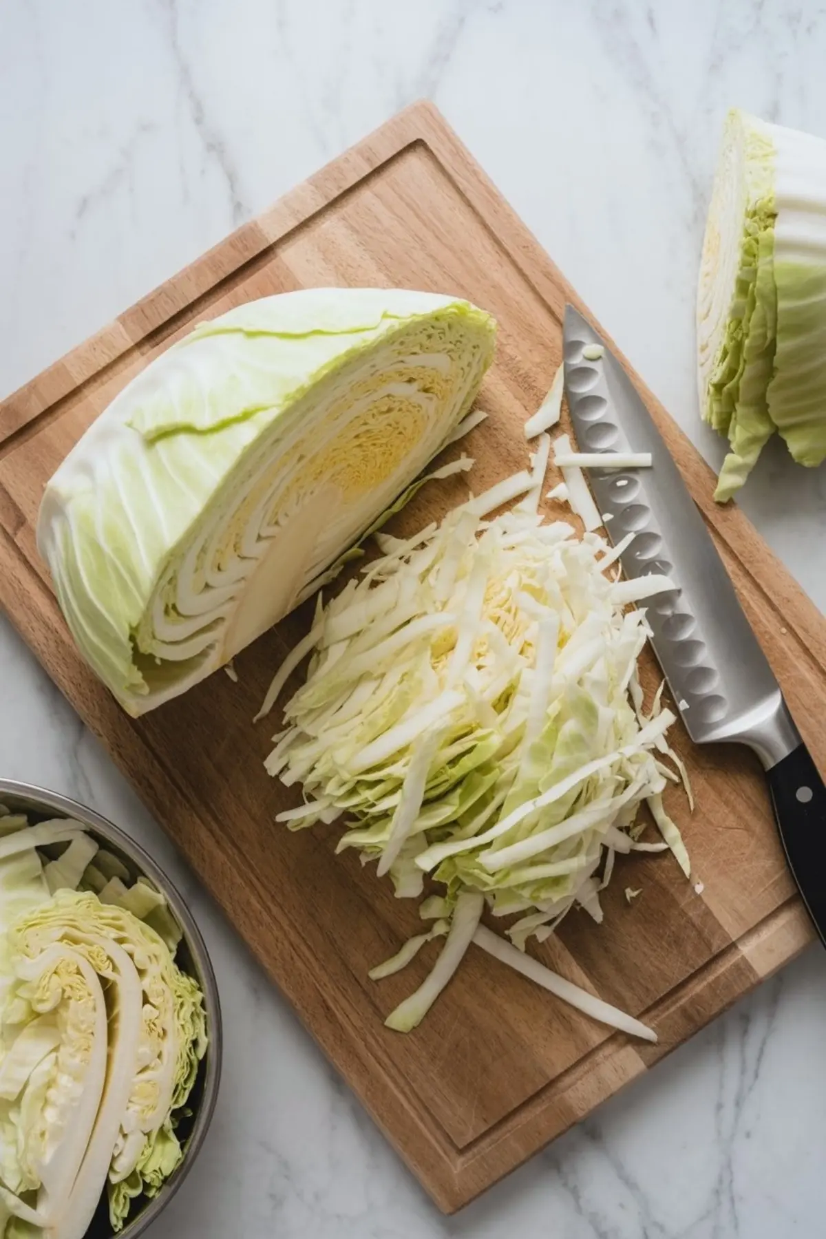 Halved green cabbage being finely shredded on a wooden cutting board with a chef’s knife beside it, emphasizing fresh preparation for a savory or sweet dish.
