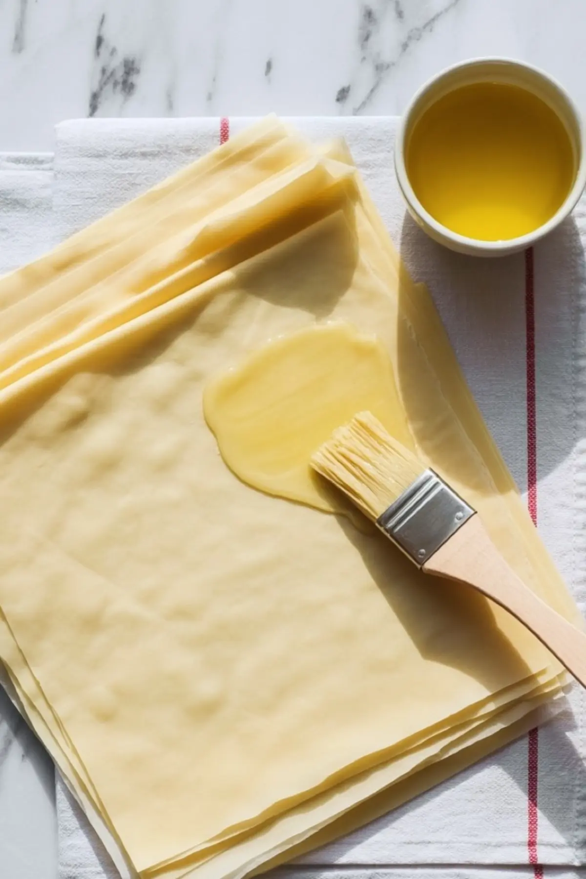 Stack of phyllo dough sheets being brushed with melted butter using a pastry brush, shown on a clean white towel over a marble surface.
