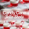 Layered candy cane Jello shots with a bright red base and creamy white top served in clear glass cups, each garnished with a mini candy cane, placed on a marble tray with a festive red and white “Candy Cane Jello Shots” text overlay.